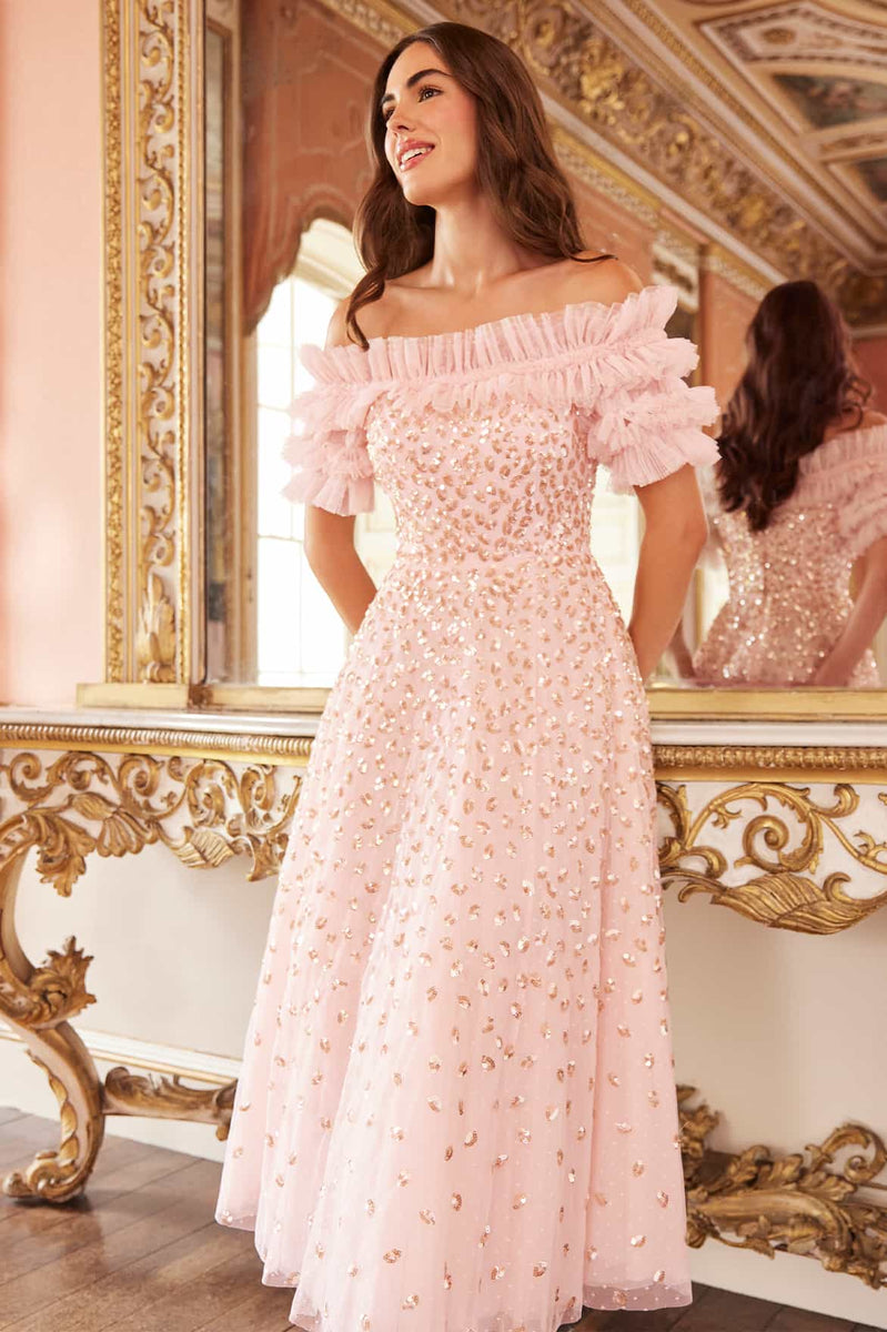 Pink lace off the shoulder dress best sale