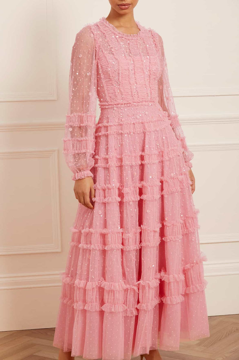 Needle & thread embellished long sleeve maxi shop dress with tulle skirt in rose quartz