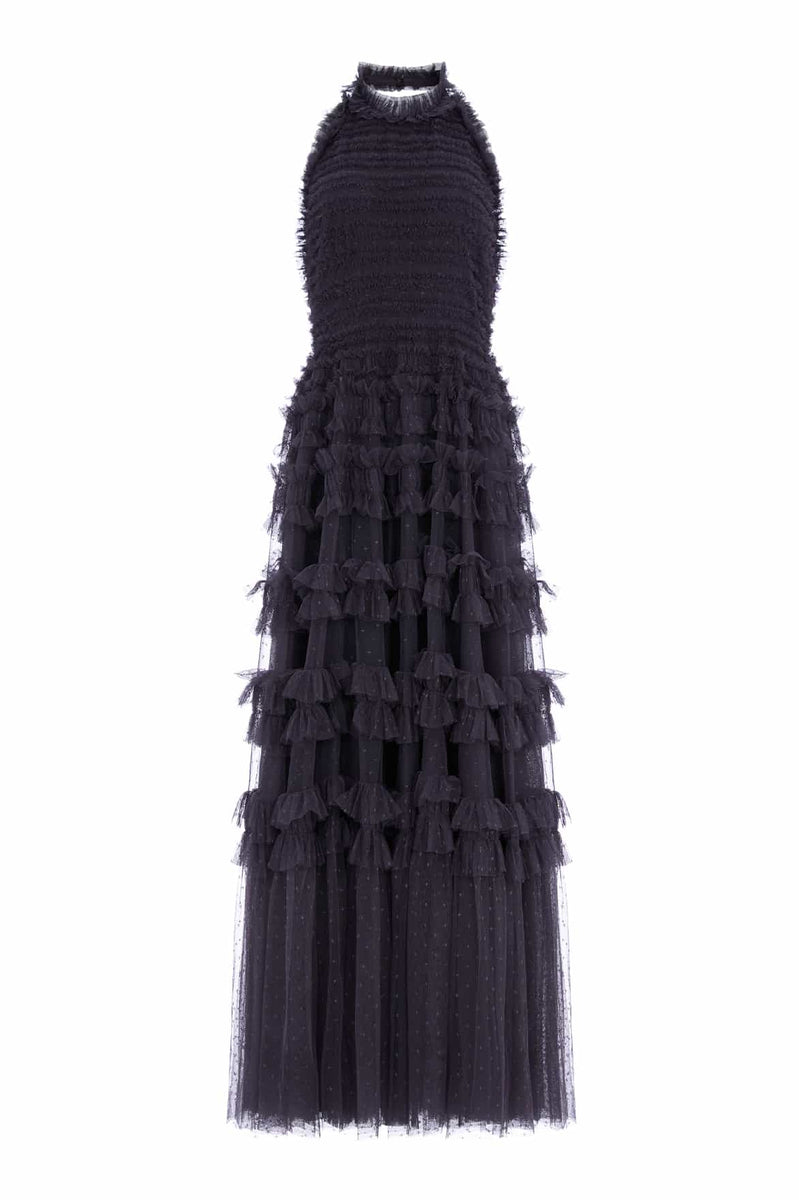 Lisette Ruffle Halter Neck Gown – Black | Needle & Thread