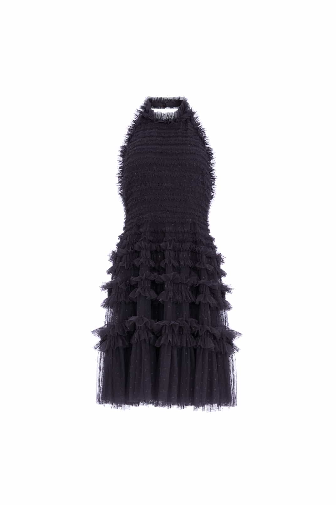 Lisette Ruffle Halter Neck Micro Mini Dress – Black | Needle & Thread
