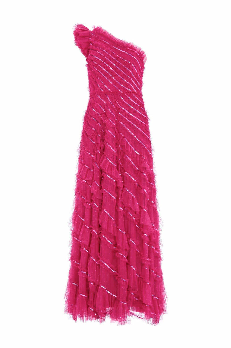 Spiral Sequin One-Shoulder Ankle Gown – Pink | Needle & Thread