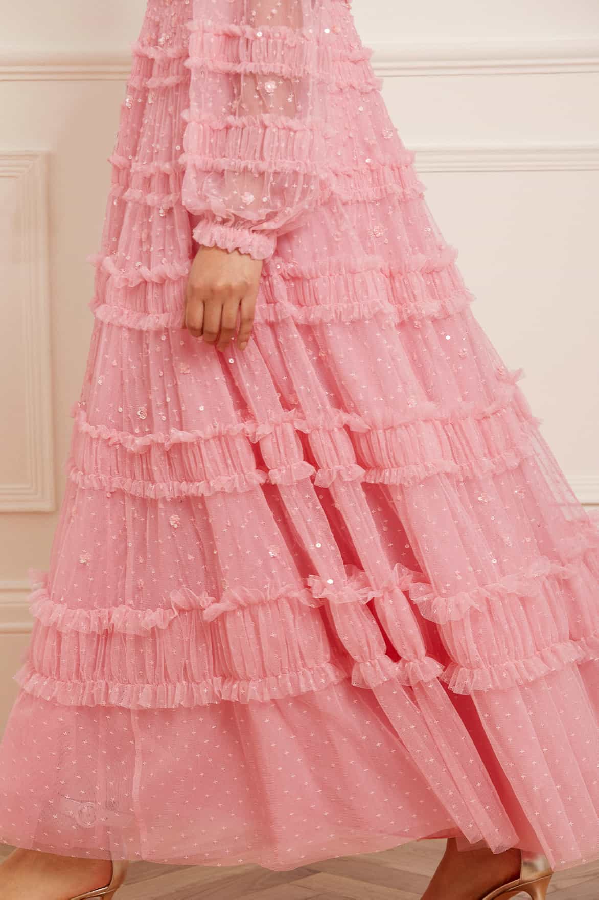 Needle & thread embellished long sleeve midi 2024 dress with tulle skirt in rose quartz